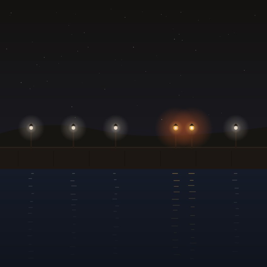 A dark harbor at night: a stone wall with a row of lamps, four glowing faint cream and two close together sharing one warm orange halo, their light reflected in broken lines on the indigo water below a sky of faint stars.