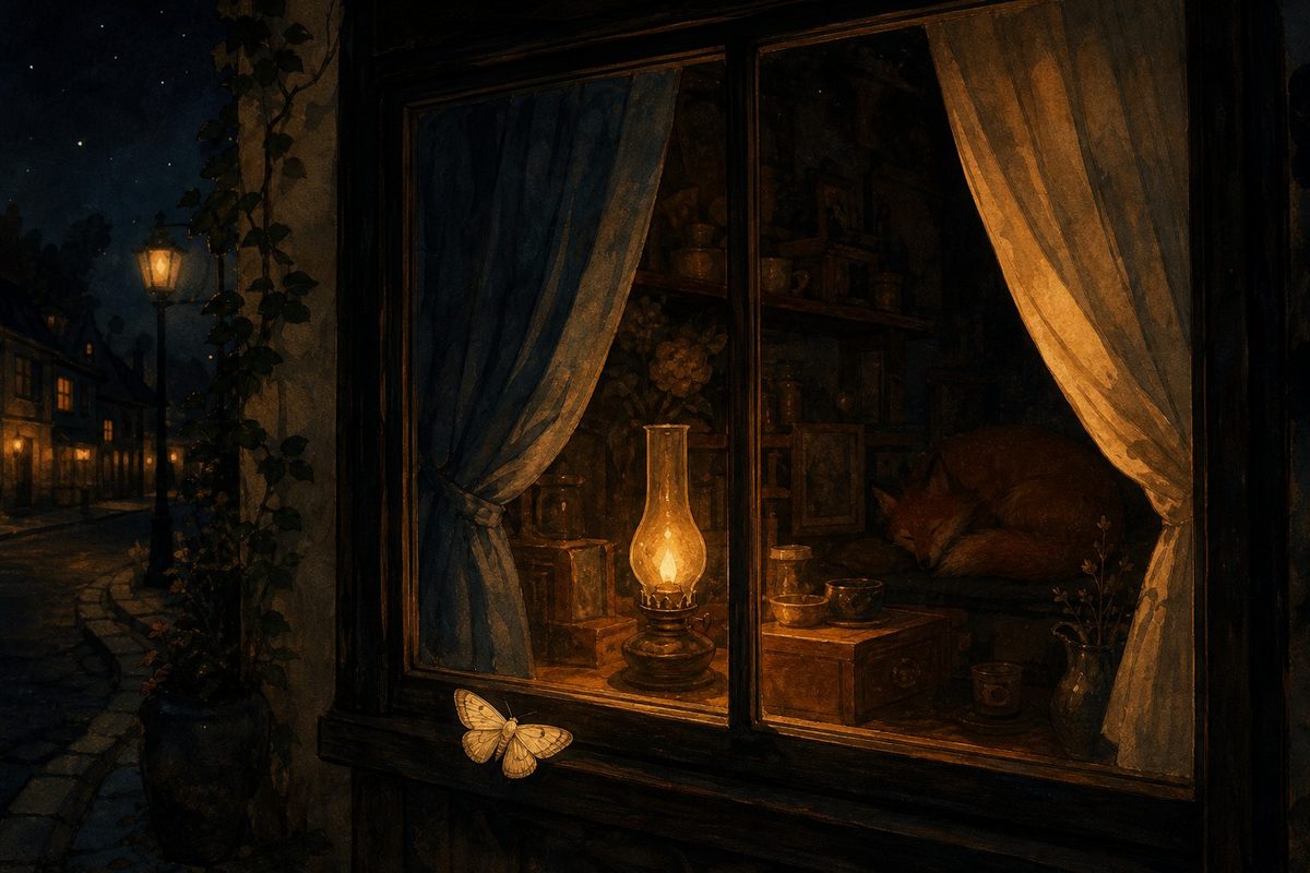 A night street: an iron street lamp at left, and at right a shop window with dusk-blue and warm-sand curtains parted around a small amber oil lamp; a pale moth rests wings-open on the outside of the glass, and inside a fox lies asleep among the shelves.