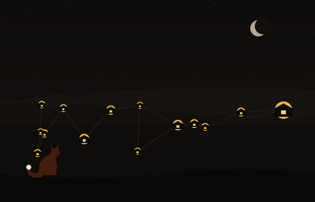 A dark valley at night seen from a ridge: scattered small warm-lit windows connected by thin glowing threads of light like a web, one window brighter than the rest at the valley&rsquo;s far end, and a fox sitting on the ridge in the foreground, watching.
