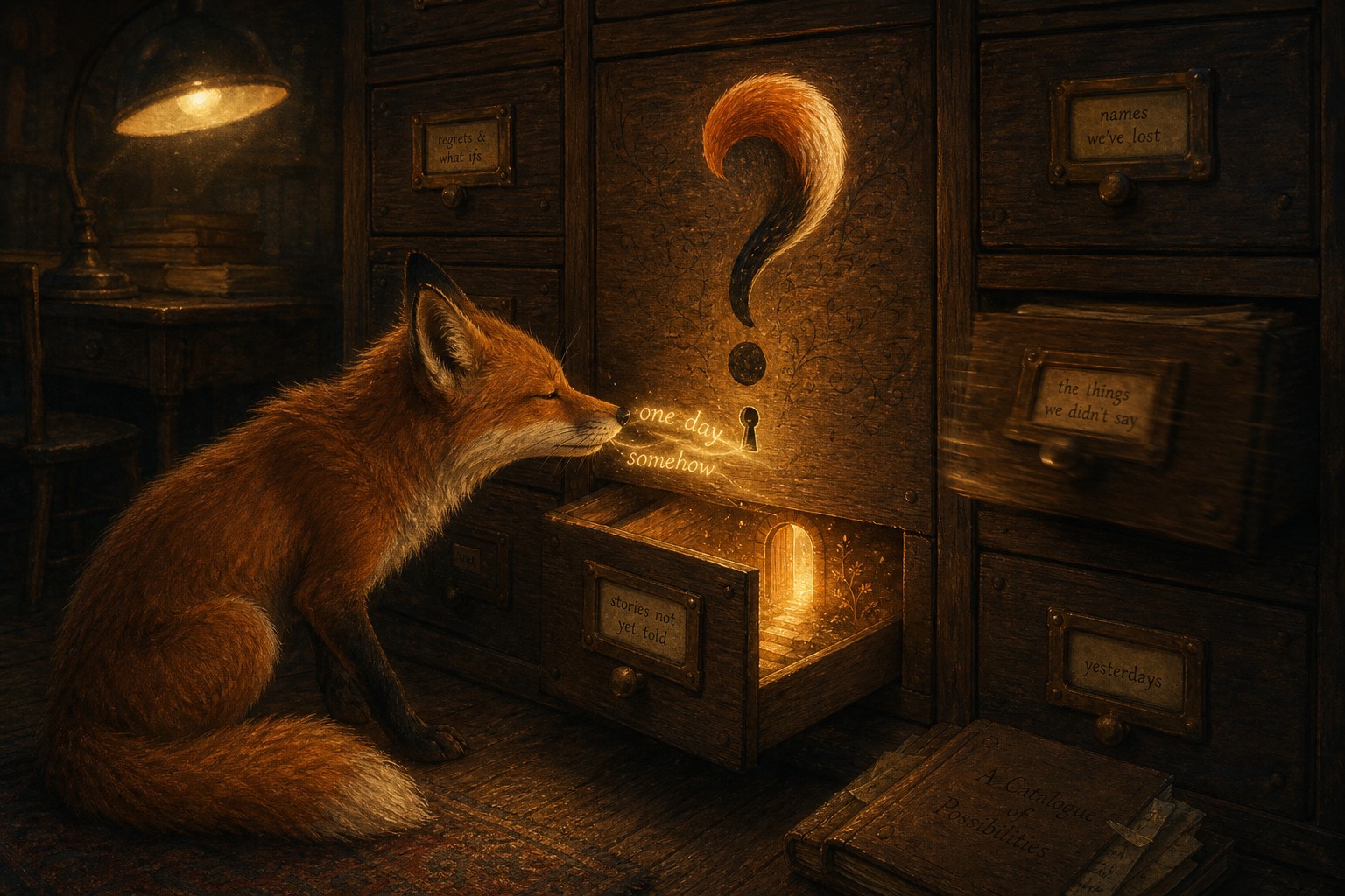 A warm painterly archive at dusk: tall wooden card-catalog drawers with handwritten labels reading names we&rsquo;ve lost, the things we didn&rsquo;t say, stories not yet told. A fox leans close to a brass keyhole, whispering; her breath glows as soft golden words. Above the keyhole a question mark made of fox fur curls in the lamplight, and golden light spills from an open drawer like a doorway.