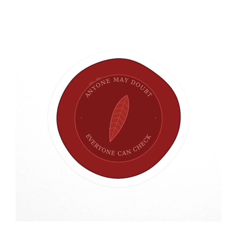 The Apprentice Seal sticker: a deep red wax-seal circle with a single slender feather at its center, ringed by the arched motto ANYONE MAY DOUBT above and EVERYONE CAN CHECK below.
