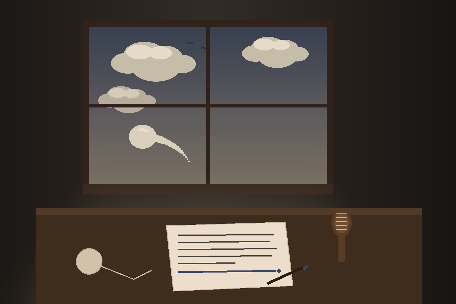A dim upstairs room: a large window with an October sky full of cream-colored clouds, one of them shaped like a comma with a long tapering tail; below the window a wooden desk with a half-written letter whose last line is freshly finished in stormcloud-blue ink, a pen laid across its corner, a hairbrush set aside, and a ball of kite string waiting at the desk's edge.