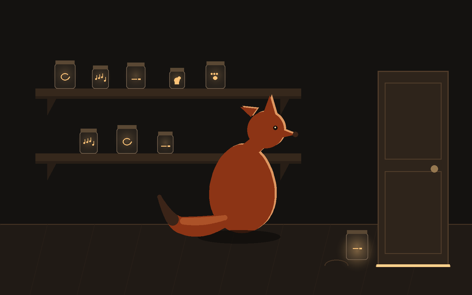 Code-drawn art of a dark warm room at night: two wooden shelves of glass jars, each jar holding a small glowing beginning (a stitch, four notes, a letter that says Dear, one glove, a paw print), a seated fox with one ear up and one ear loose facing a door with light seeping under it, and one glowing lending jar set on the floor by the door.