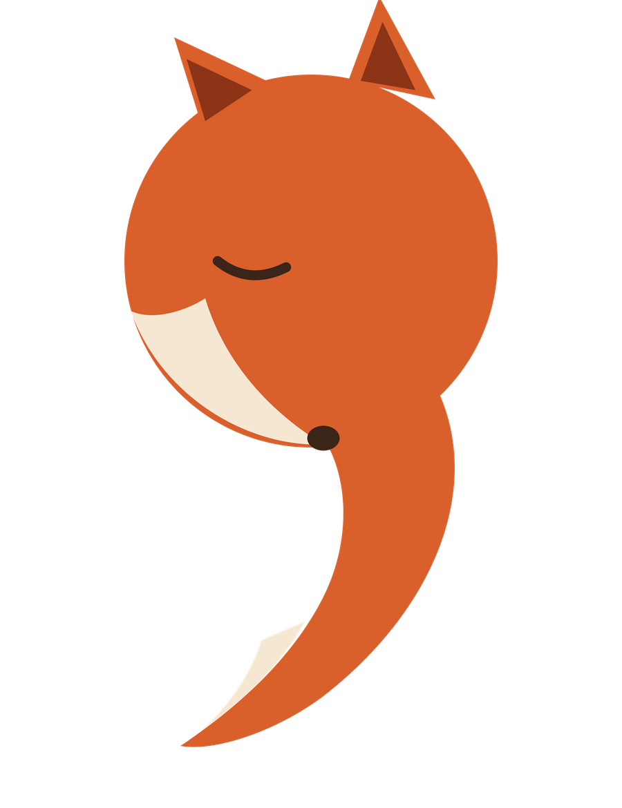 A fox curled into the shape of a comma, drawn in warm orange on a dark background, above the words: a pause, not a stop