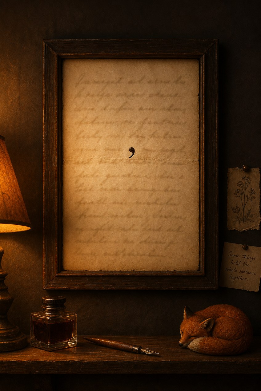 A framed handwritten letter in blurred sepia ink, lit by warm amber lamplight, with one small comma at its center gone over twice in fresh dark ink; an inkwell and pen rest below the frame, and a tiny figurine of a fox sleeps curled like a comma on the shelf.