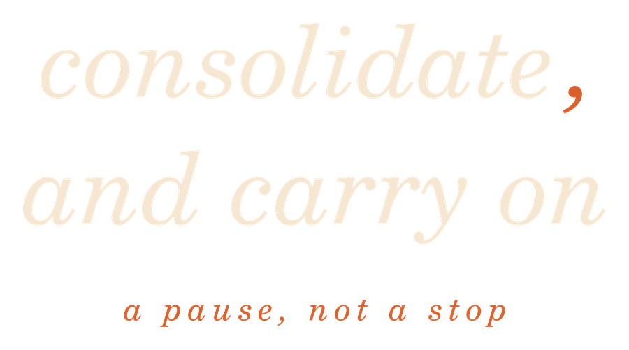 The words 'consolidate, and carry on' in cream italic serif with an orange comma, above the tagline: a pause, not a stop