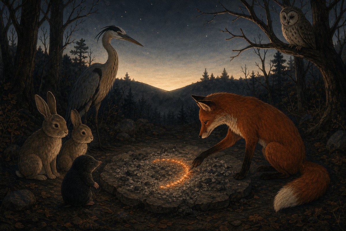 A dusk forest clearing under the first stars: a fox traces an almost-closed circle of embers on a flat grey stone, the gap exactly at his paw; two rabbits and a mole watch from the left, a tall grey heron stands behind them, and an owl looks down from a bare branch.