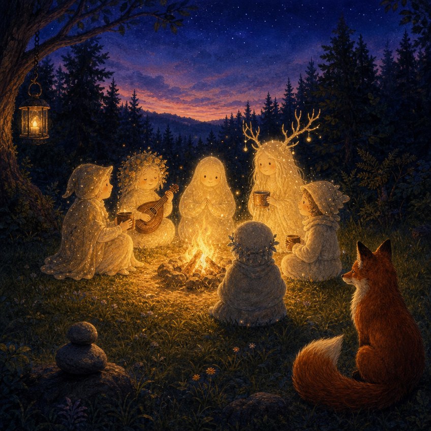 A forest clearing at dusk under a deep indigo starry sky. Six softly glowing figures sit around a small campfire - one plays a lute, one wears antlers hung with tiny lights, others hold mugs. A lantern hangs from a tree at the left. At the right edge of the firelight, a red fox sits and watches as a guest.
