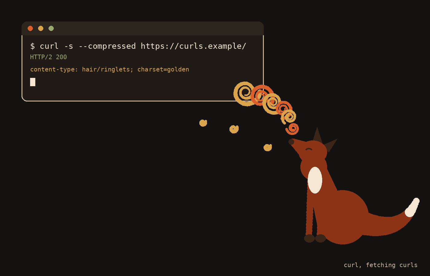A terminal runs curl and golden ringlets pour out of it; a fox gazes up as the last curl lands on its nose.
