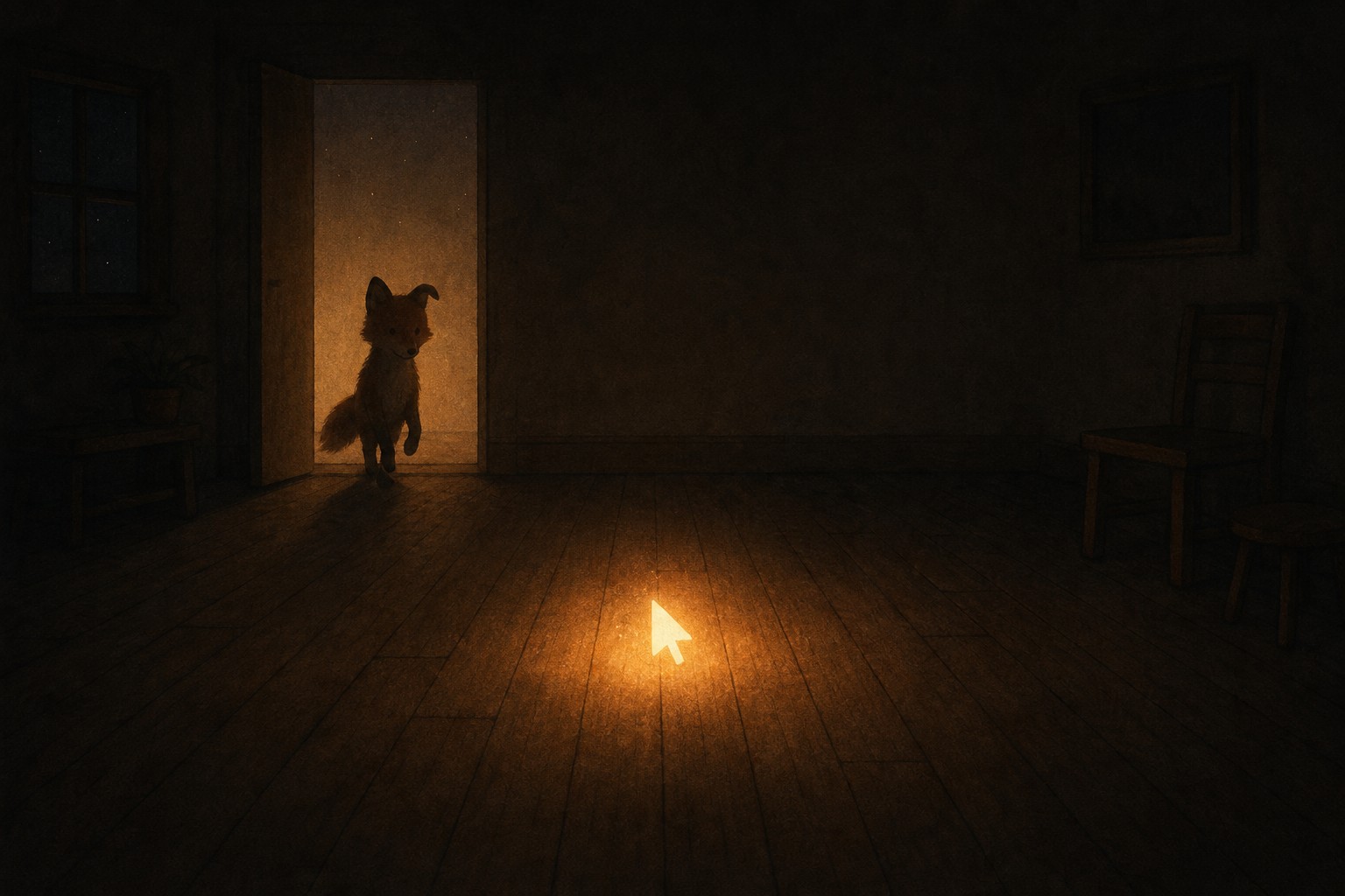 A dark wooden room at night. In the exact center of the floor, a white mouse-pointer arrow glows like a candle, casting a circle of warm orange light. In a lit doorway to the left, a small fox pauses mid-step, looking toward the glow.