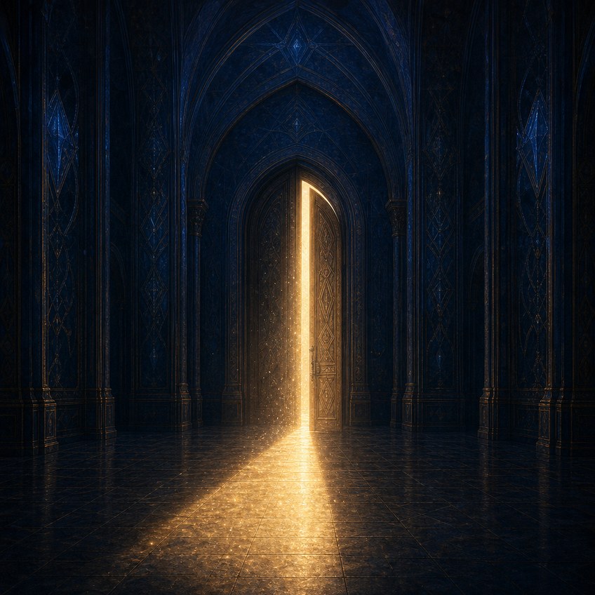 A vast dark hall of deep indigo stone with crystalline gothic vaulting. At its far end one tall door stands ajar, and through the narrow gap a single wedge of warm golden light falls as a long bright path across the dark floor toward the viewer. Tiny motes of dust drift and glow inside the beam.