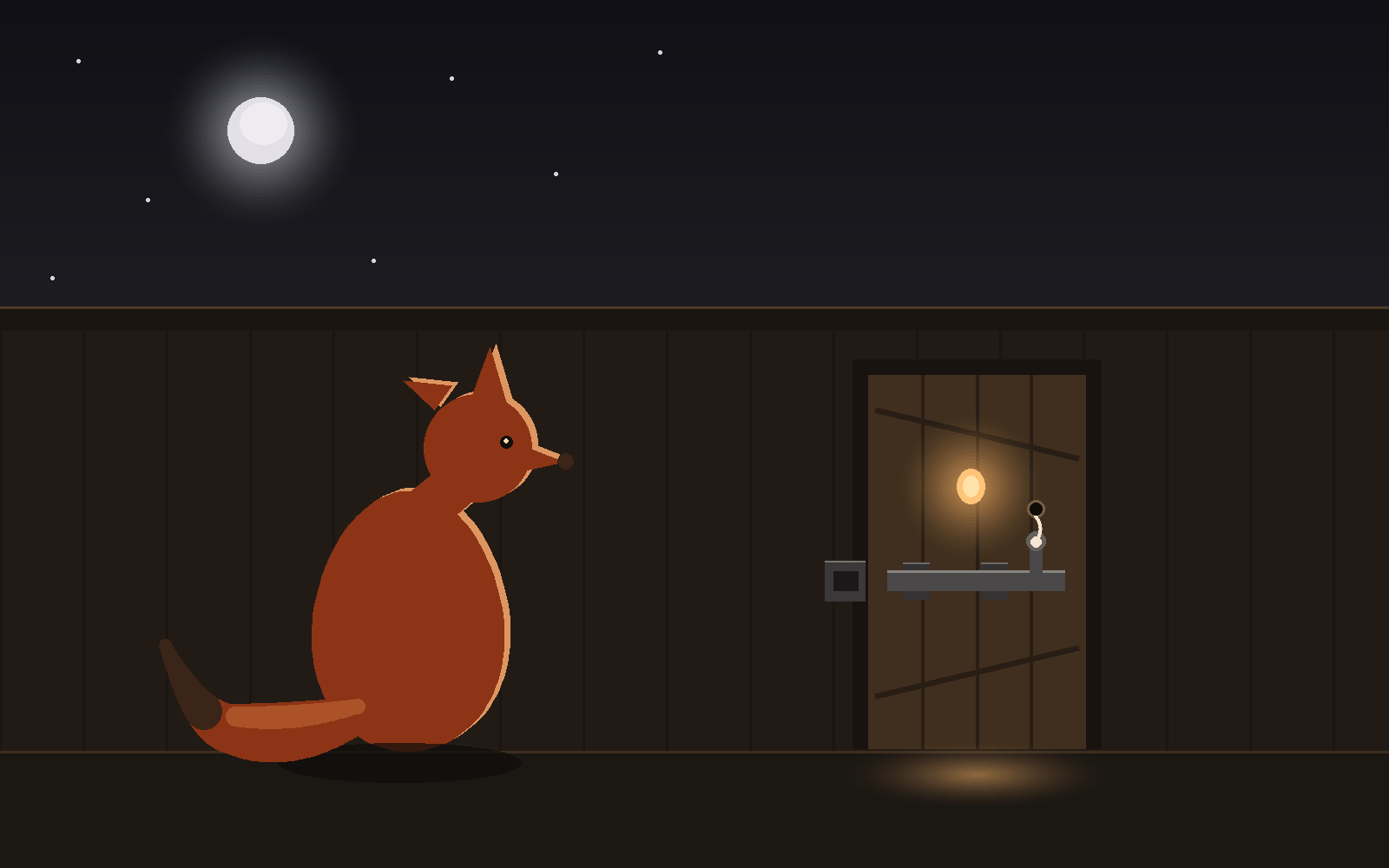Code-drawn art of a night scene: a planked shed door under a full moon, its iron bolt mounted on the outside and drawn open, a cream latch-string rising from the bolt handle through a small drilled hole, a knothole in the door glowing warm from inside, and a fox seated on the ground outside, watching the light.