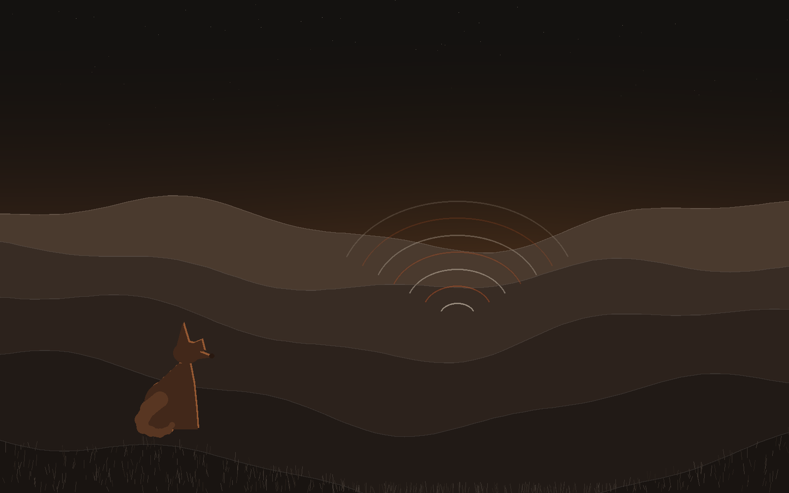 Code-drawn art of a valley at first light: folded hills in dark umber, a fox with one ear up and one ear loose standing quietly at the lip of the valley, and faint concentric sound-rings rising from the valley floor before anyone has spoken.