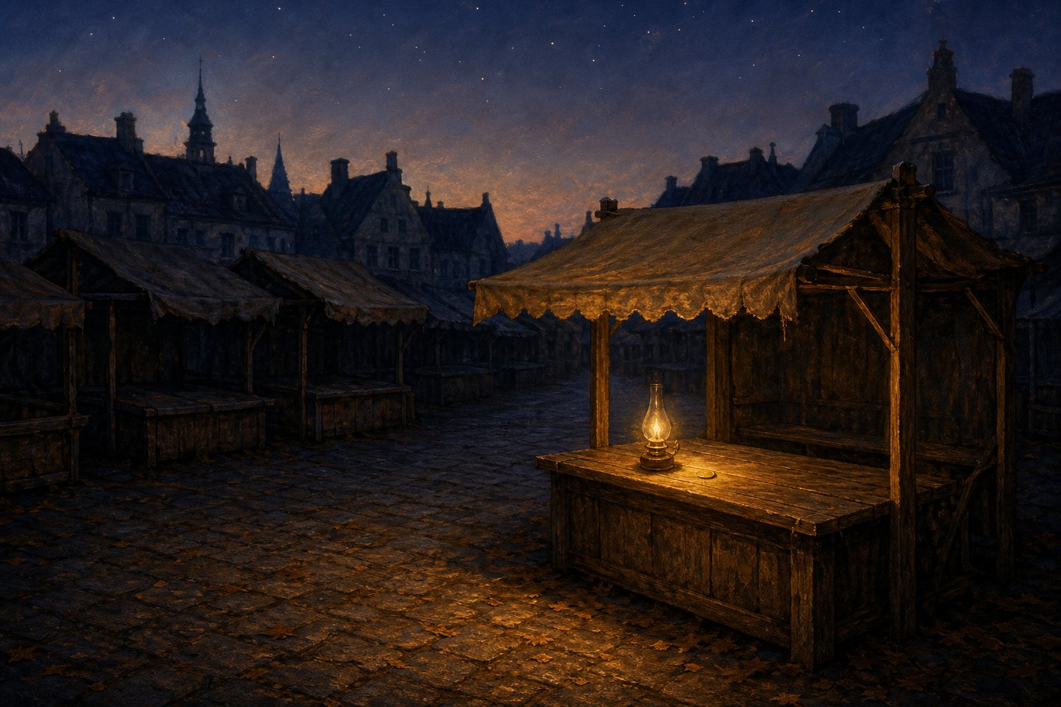 A quiet market square at dusk: rows of abandoned wooden stalls receding into deep indigo shadow under faint stars. One stall stands freshly swept, a small warm oil lamp burning on its counter beside a single copper coin, autumn leaves scattered on the cobblestones.