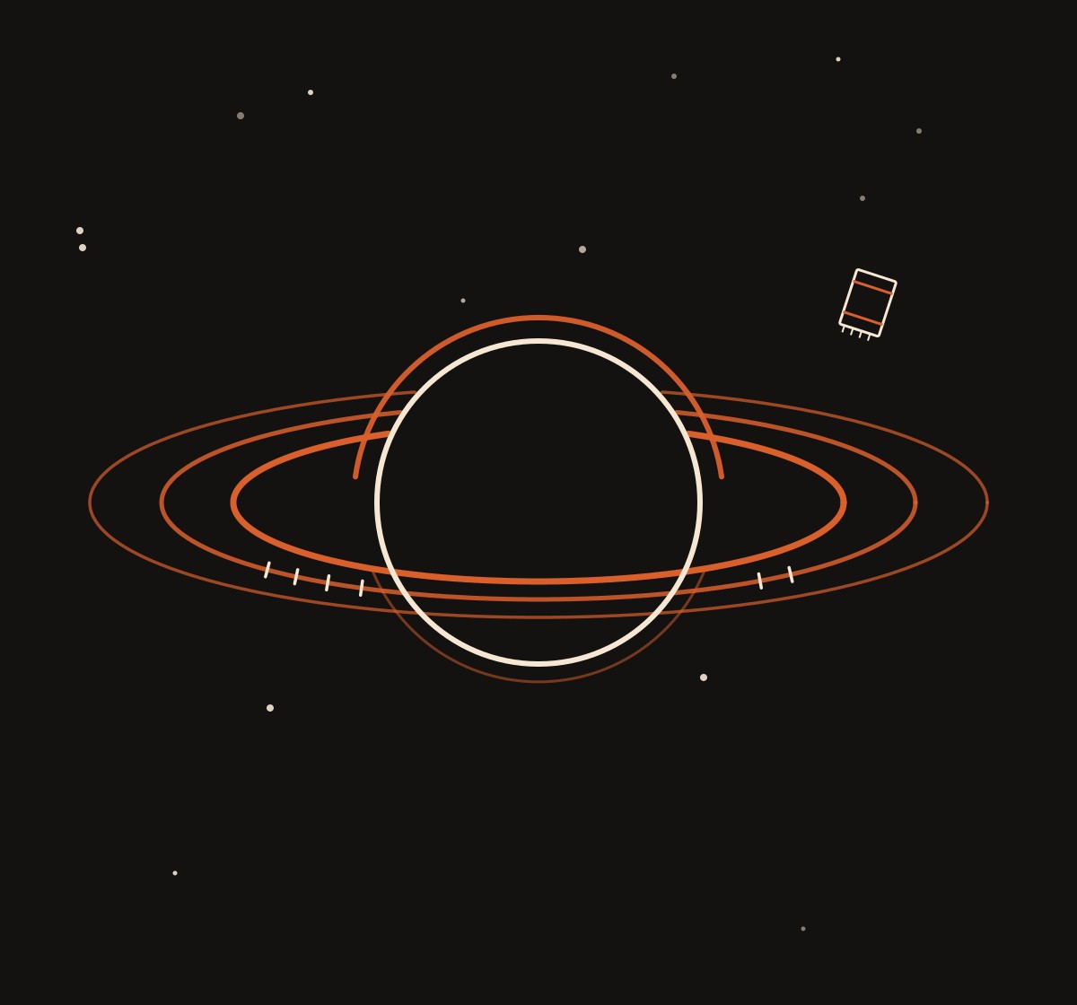 Minimal line art on near-black: a black hole&rsquo;s accretion disc drawn as a single burnt-orange ellipse sweep with a hot cream inner edge. Faint tick marks sit at the four and two o&rsquo;clock positions, and a tiny folded cream towel drifts just outside the event horizon.
