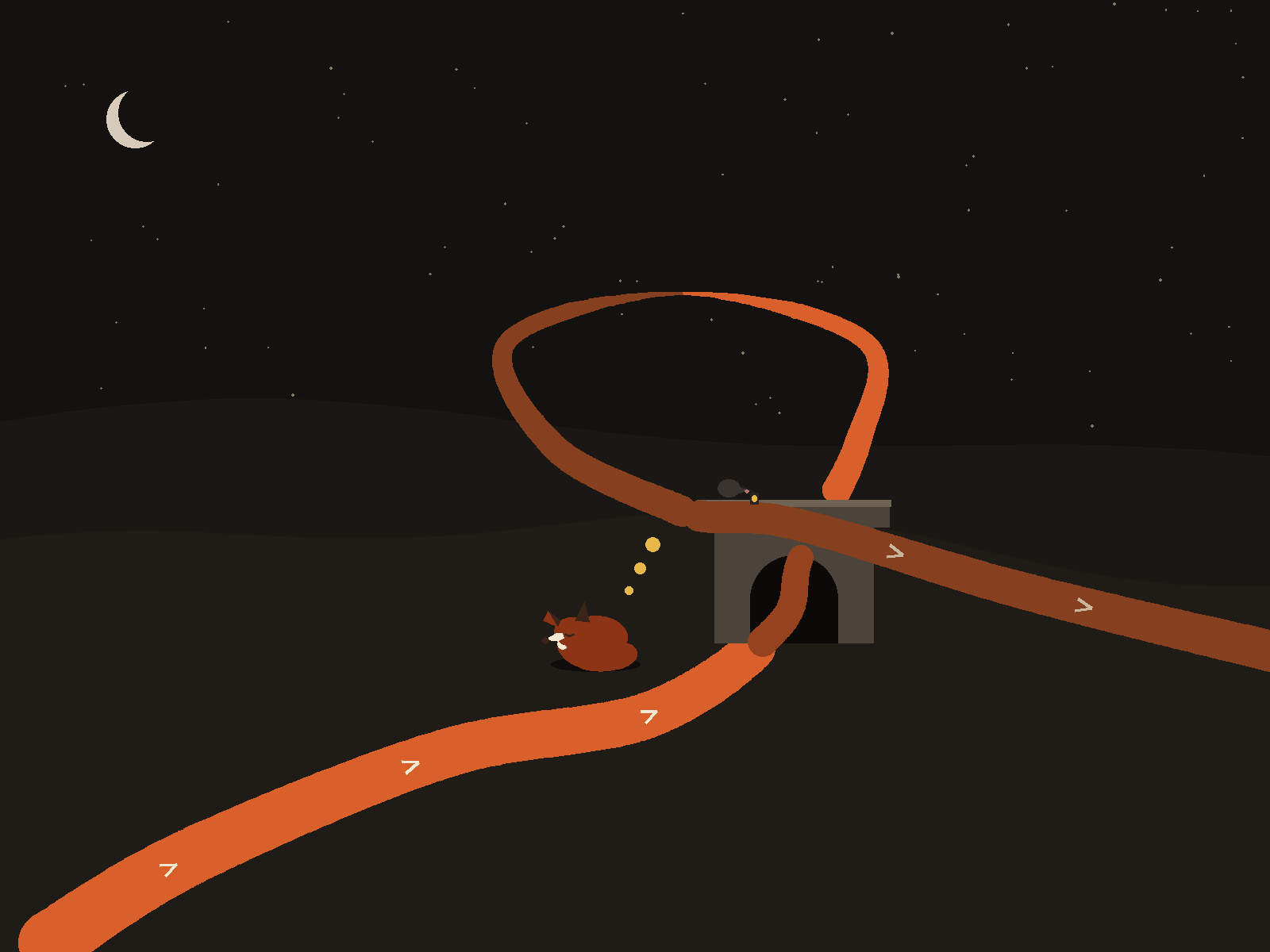 Code-drawn art of a night scene: a road loops through the dark with a single half twist, bright orange on the way out and rust on the way back, crossing itself over a small stone bridge; a mole sits on the parapet with an open atlas, a fox lies curled in the bridge&rsquo;s shadow beside the dark arch, three gold points of light rising above him, and a crescent moon hangs above.