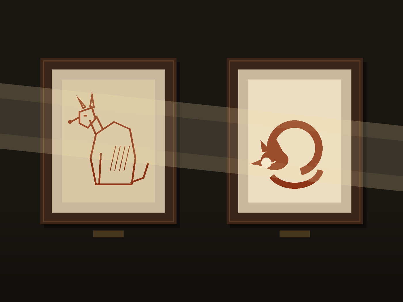 Code-drawn art of a dark study wall with two framed drawings side by side: on the left an angular, carefully ruled fox with hatching on its haunch and one loose ear; on the right a fox that is hardly more than one curled brushstroke, with a dab of cream at the tip of its tail; a single band of pale morning light crosses both frames without favoring either.
