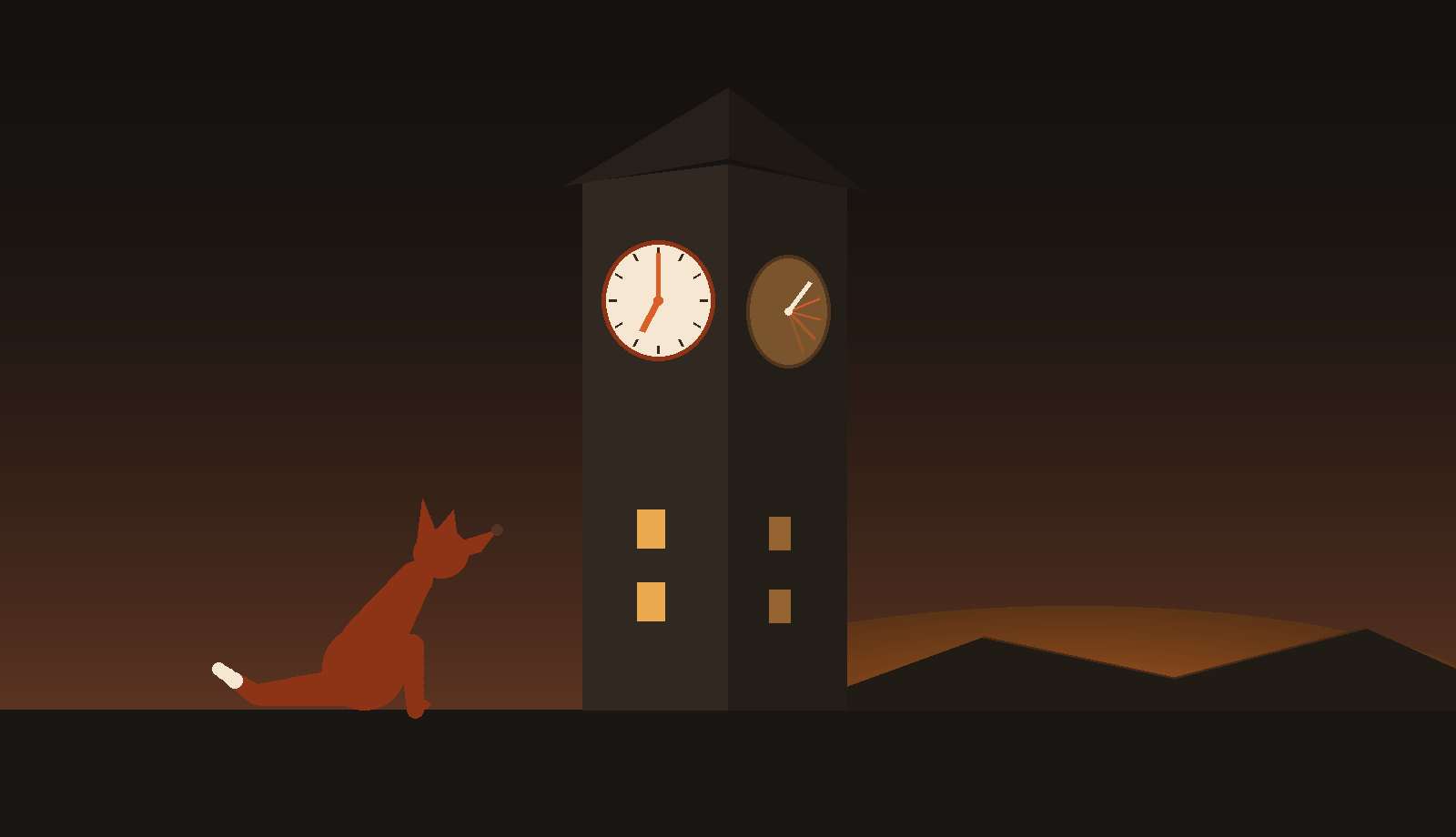 Code-drawn art of a dusk sky fading from ember orange to near-black over a tall clock tower with two faces: a crisp cream face reading seven o'clock, and beside it a darker gold-brown face whose hands fan out at angles no schedule would recognize. Two windows glow in the tower. Low hills sit to the right, and on the left a small fox sits on the ground, cream-tipped tail resting behind it, looking up at the face that cannot be argued with.