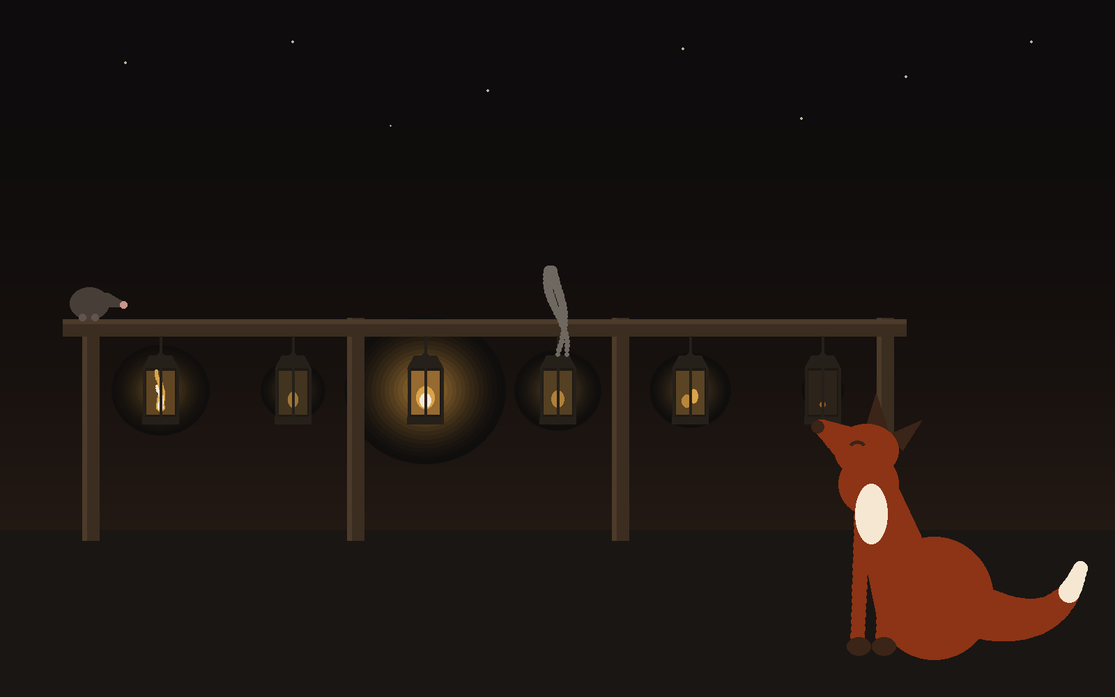 Code-drawn night scene: six lanterns hang from a long fence rail, each burning differently &mdash; the third sits in the widest, warmest glow. A small mole perches on the far-left post, pink nose toward the line. At the right end a red fox sits upright, cream-tipped tail curled behind him, muzzle raised to examine the last, nearly-out lantern. One of his ears is folded.