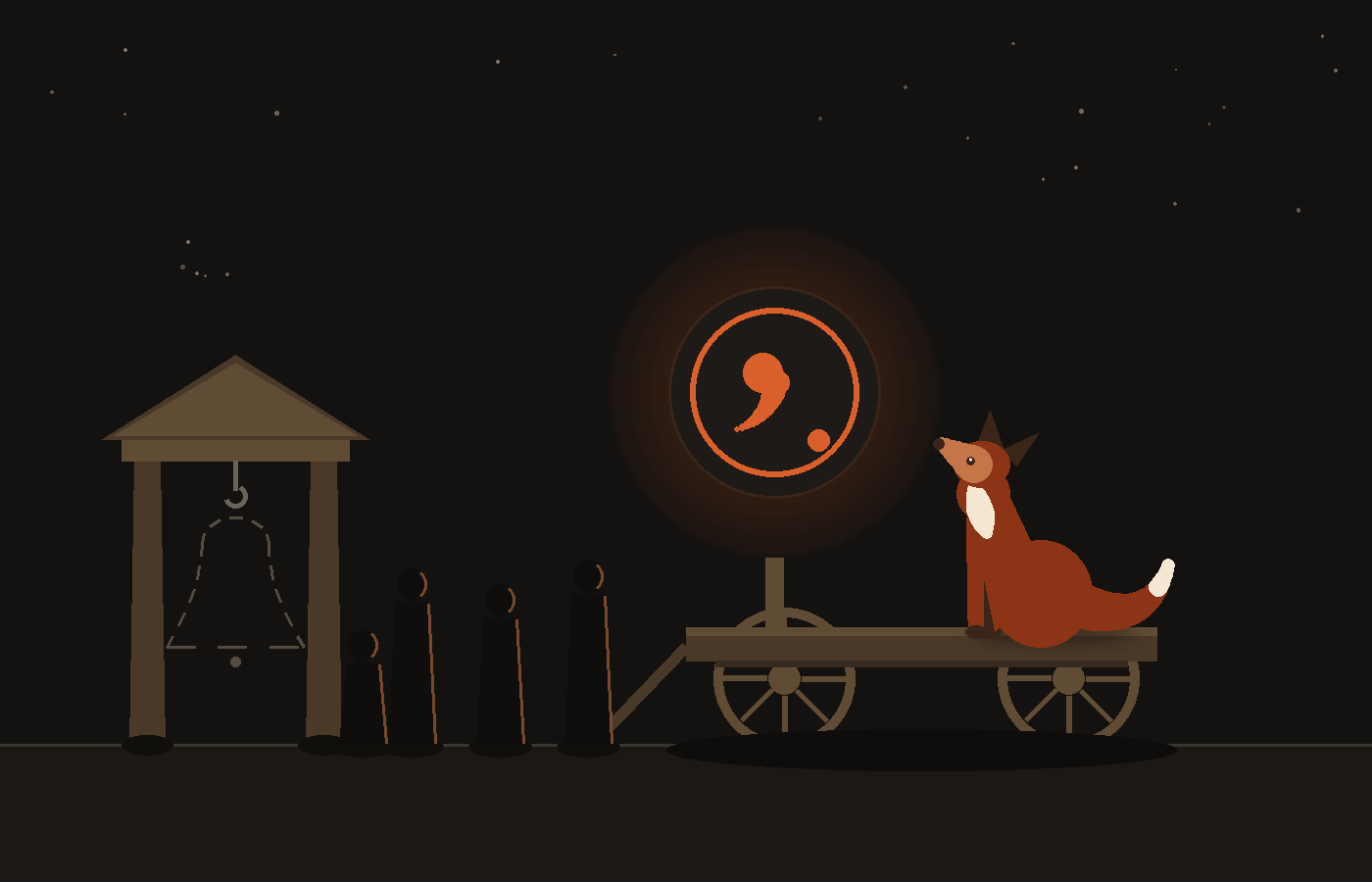 Code-drawn dusk scene: on the left, a small roofed bell stand holds only an empty iron hook, the missing bell sketched as a dashed outline. Four villagers stand in silhouette, edged in warm light, facing a wooden cart. On the cart a large round patch glows &mdash; a dark disc with an orange ring and an orange comma and period at its center &mdash; and a red fox sits beside it, nose lifted toward the mark. One of his ears is folded.