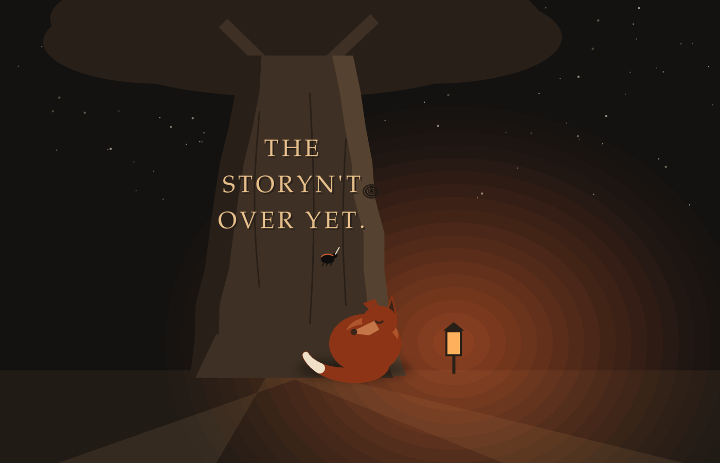 Code-drawn night scene: a great tree at a crossroads, two paths diverging past its roots. Carved into the trunk in lantern-lit capitals: THE STORYN&rsquo;T OVER YET &mdash; with a dark knot whorl in the bark just after the final T, where a missing word would have gone. A beetle engraver with a tiny chisel clings to the bark below the letters. A standing lantern glows orange at the right, and a red fox lies curled asleep at the roots, the tip of his tail cream. One of his ears is folded.