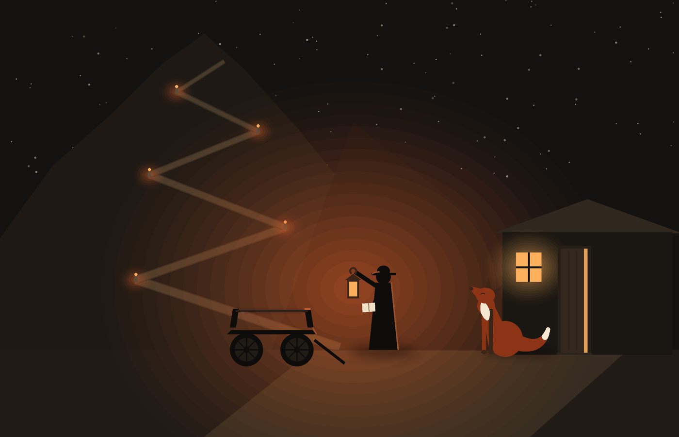 Code-drawn night scene: a dark mountain pass with a switchback road climbing it, small warm lights marking buried caches at each turn. At the foot of the road a tinker in a brimmed hat holds up a hand lantern, a thin pale book in her other hand, beside an empty open cart. To the right, an inn with one lit window and a door open a crack; a red fox with one folded ear sits at the door, gazing up. Starry night sky.