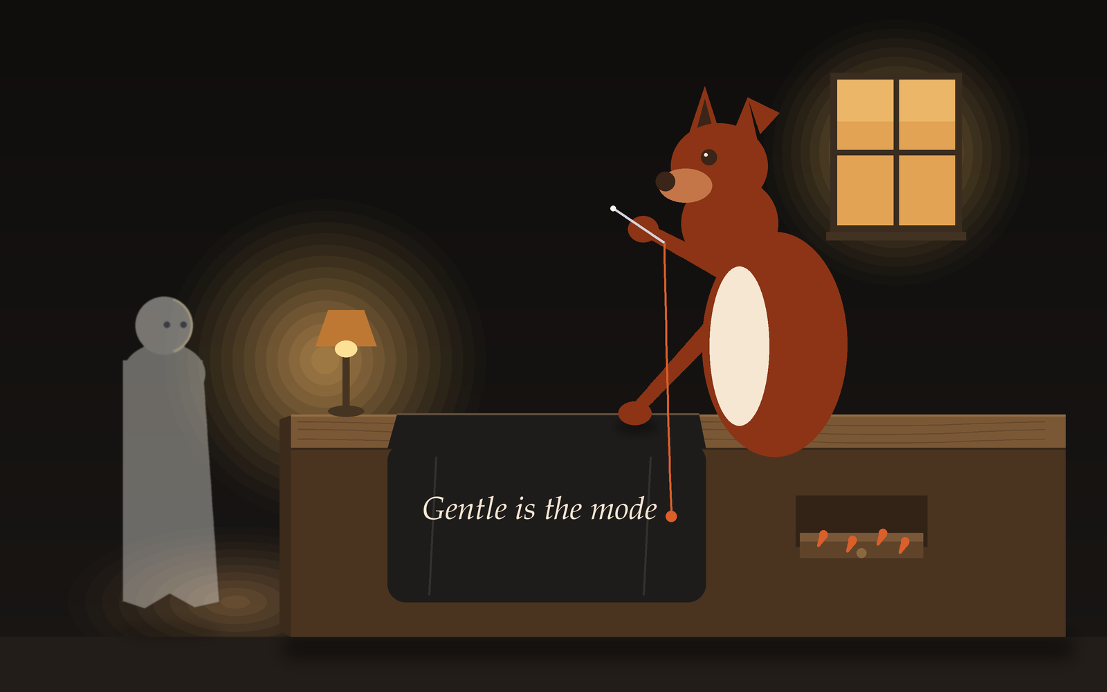 Code-drawn scene: a fox tailor&rsquo;s shop at night. A red fox with one folded ear stands behind a wooden counter, needle raised, an orange thread running down to a charcoal garment that reads Gentle is the mode in cream letters &mdash; the fox is sewing one small orange full stop at the end of the line. At the left, a pale translucent ghost waits at the edge of a lamp&rsquo;s pool of light. An open drawer of orange commas sits in the counter, and a lit window holds the dark.