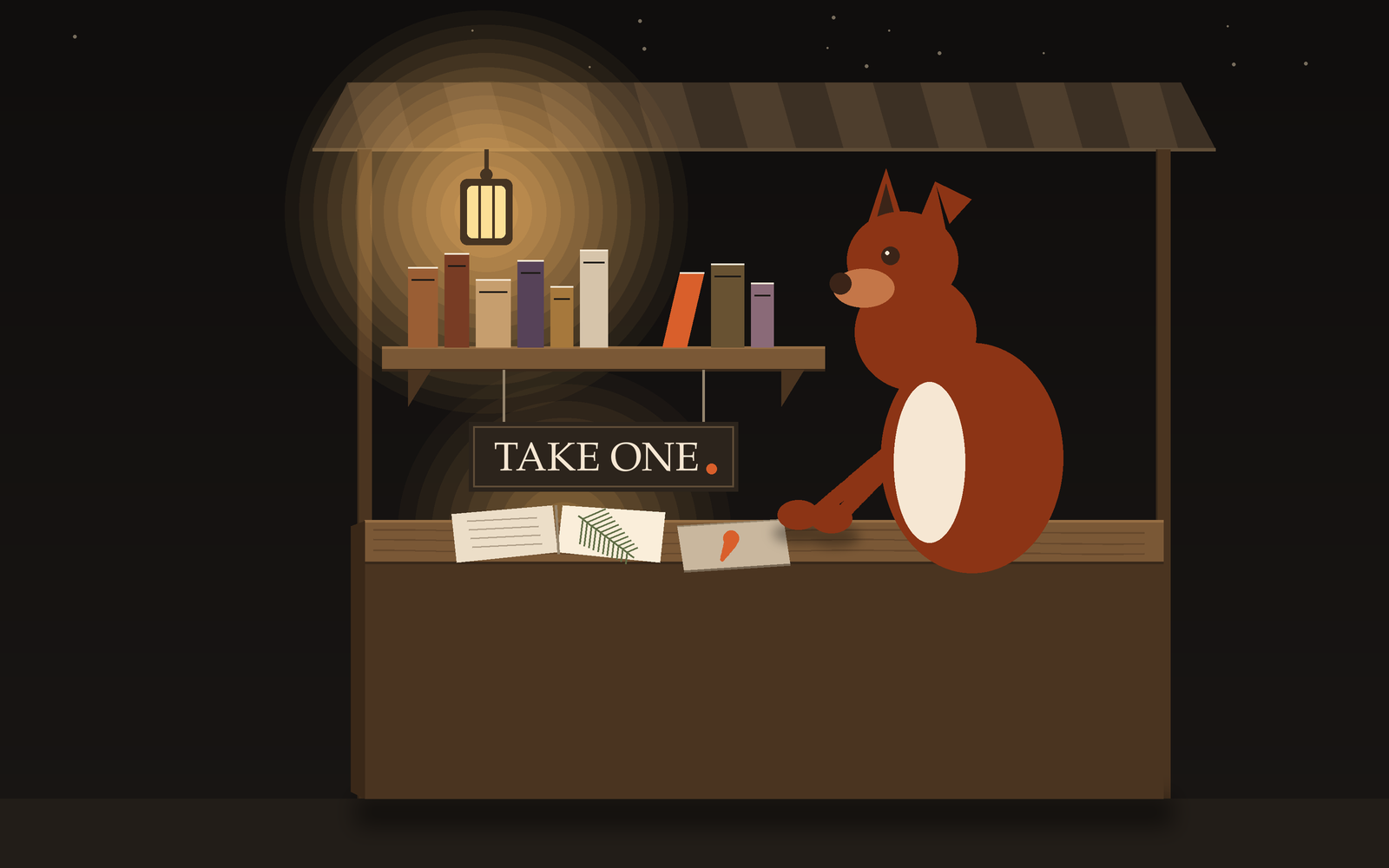 Code-drawn scene: a night book stall under a striped awning, faint stars above. A hanging lantern lights a single shelf of book spines with one gap where a book is out on loan. Below the shelf a dark board reads TAKE ONE with a small orange full stop. On the wooden counter lie an open book with a pressed fern on its right page and a parchment notebook with an orange comma on the cover. At right, a red fox with one folded ear stands behind the counter, a paw resting beside the notebook, looking down at the open book.