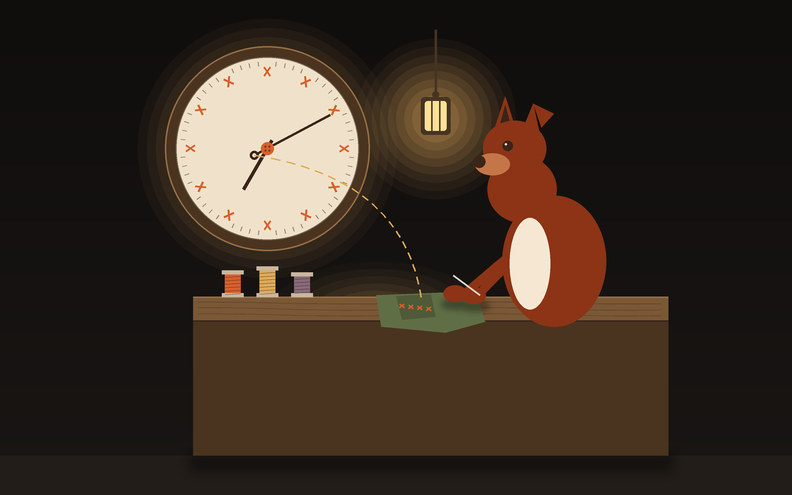 Code-drawn scene: a workshop wall clock in a wooden ring whose hour marks are orange cross-stitches and whose hands are two needles, the long one with an eye at its tail. A dashed gold thread runs from the needle&rsquo;s eye down to green mending on the bench below, where a red fox with one folded ear sits stitching, spools of thread nearby and a lantern hanging between.