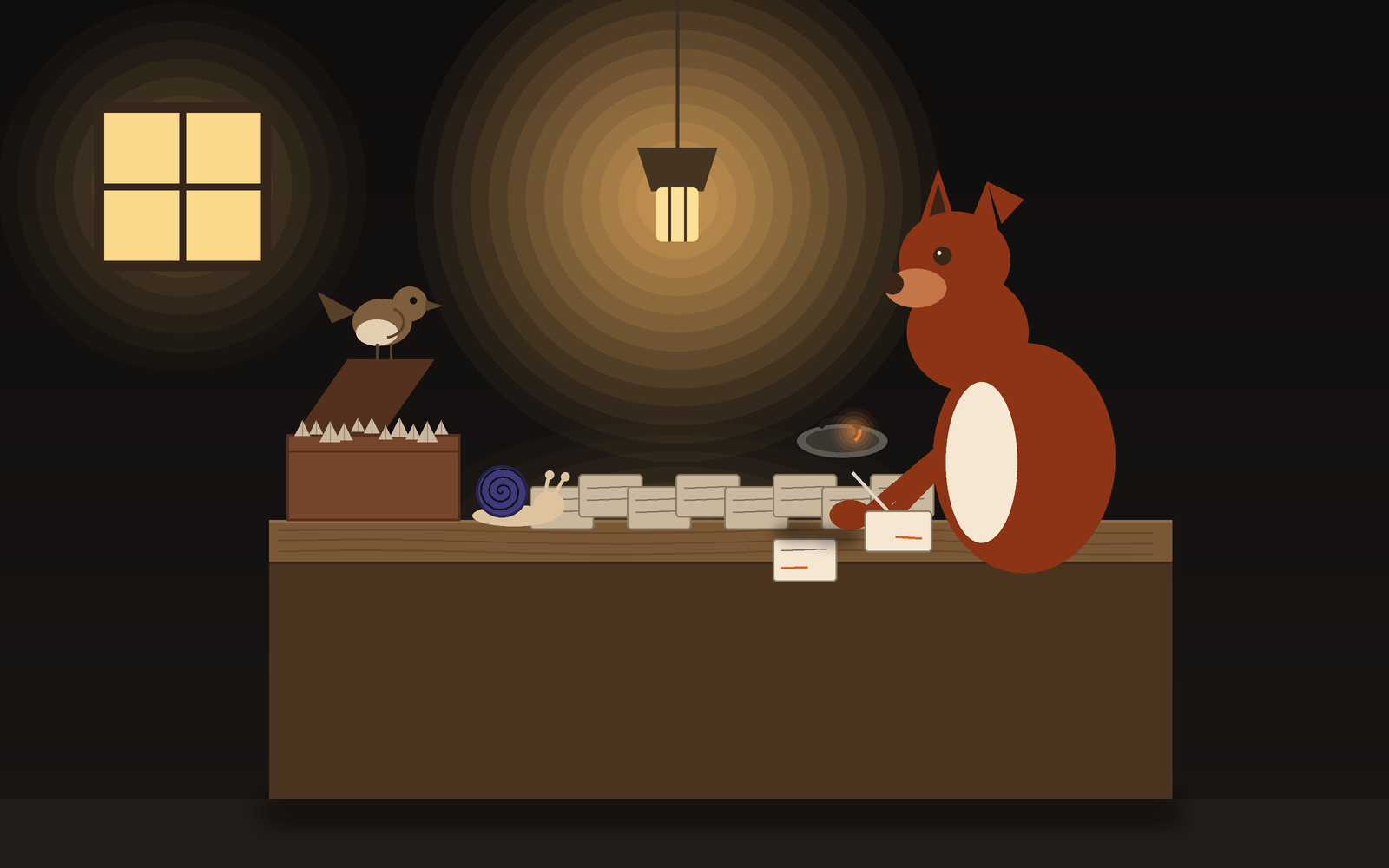 Code-drawn scene: a night workshop table under a hanging lamp. An open cedar box of folded paper riddles with a small wren perched on its lid, a snail with an indigo shell crossing the tabletop toward a fan of eight small cards, a grey dish holding one burned card with an ember still on its edge, and a red fox with one folded ear at the right, writing a fresh card in orange.