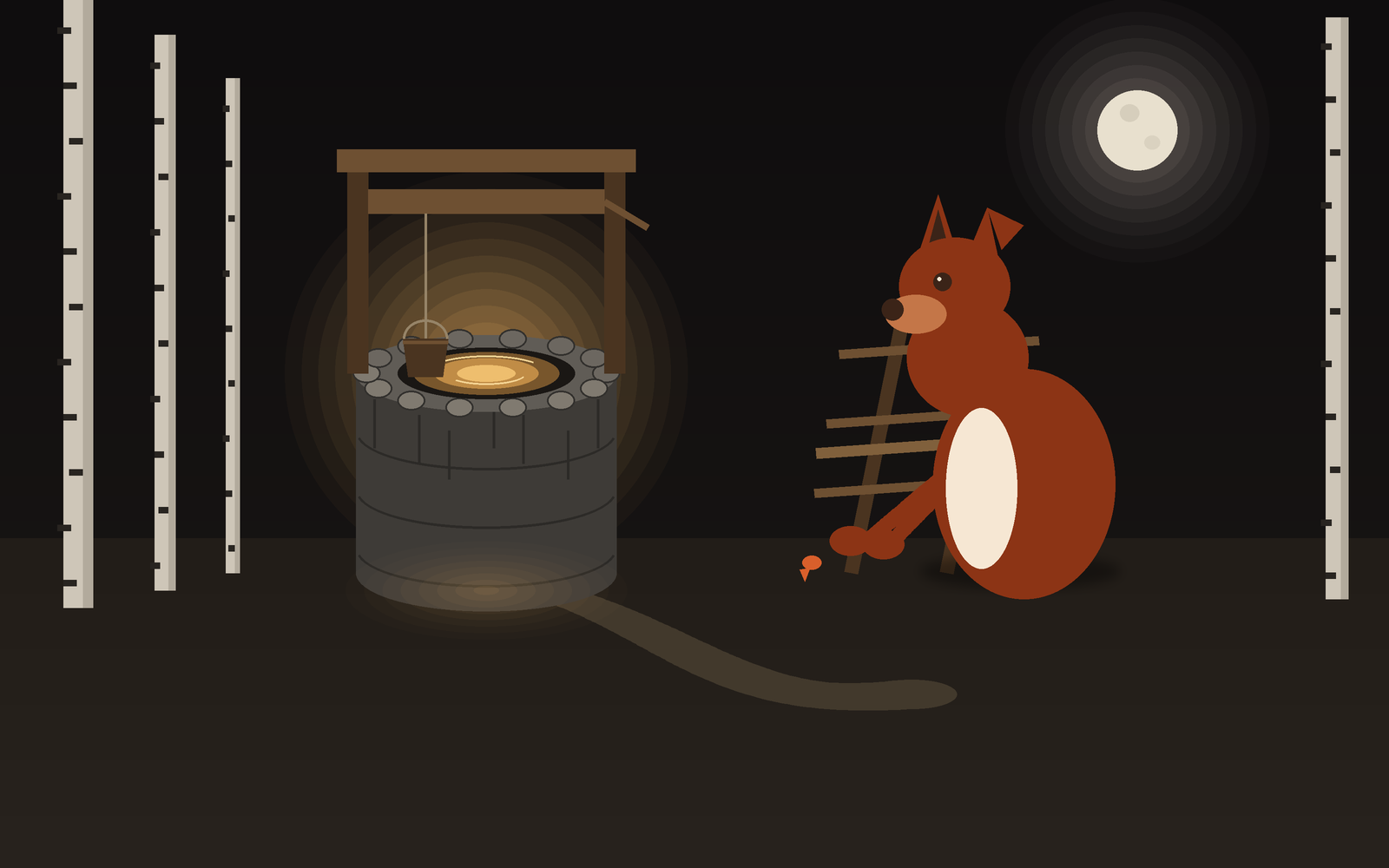 Code-drawn night scene: a round stone well among pale birch trunks, warm light rising from its mouth under a wooden windlass with a bucket resting on the rim, a worn path crossing dark ground, a leaning stile, a small moon, and a red fox with one folded ear seated at the right, a tiny orange comma resting by his forepaws.