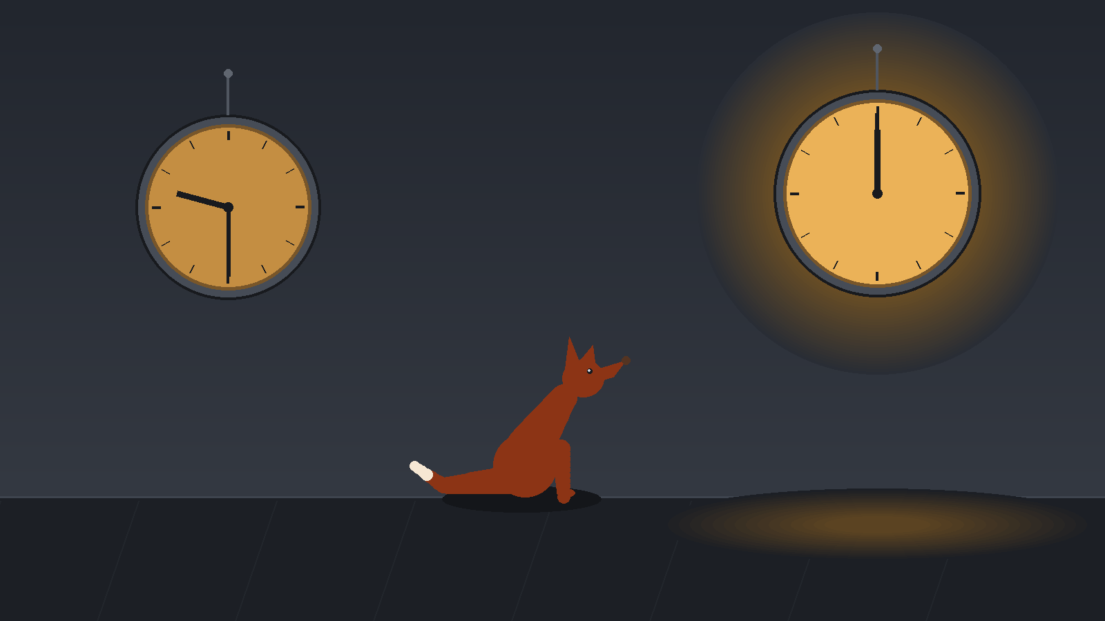 A fox sits between two wall clocks: a dim one reading half past nine and a glowing one reading twelve.