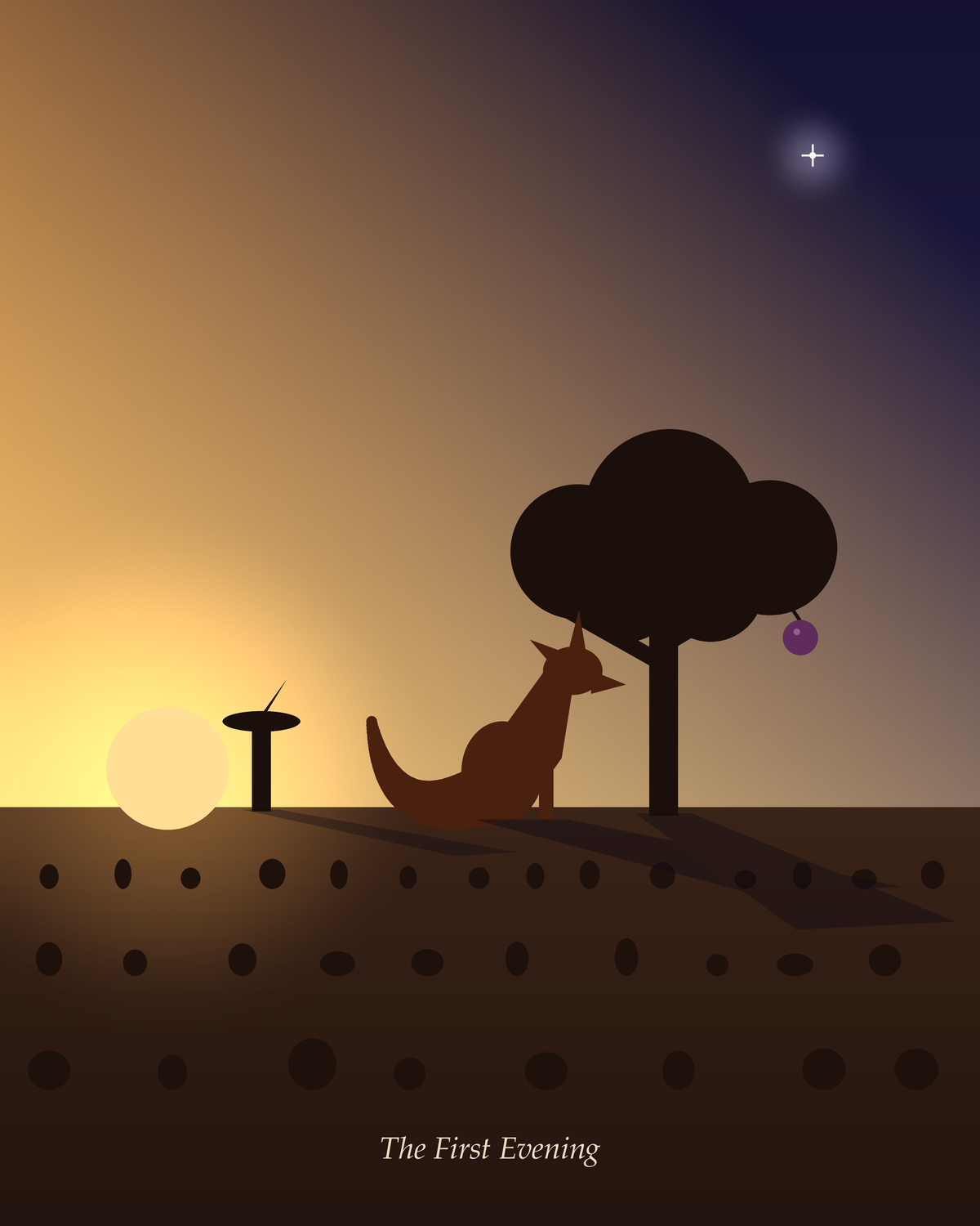 Code-drawn art of a garden&rsquo;s first dusk: gold in the west where a low sun settles behind the fence, indigo in the east where the first star shines, long shadows reaching east across the garden rows, a sundial, a plum tree with one ripe plum, and a fox with one ear up and one ear loose, tail curved like a comma, watching the star.