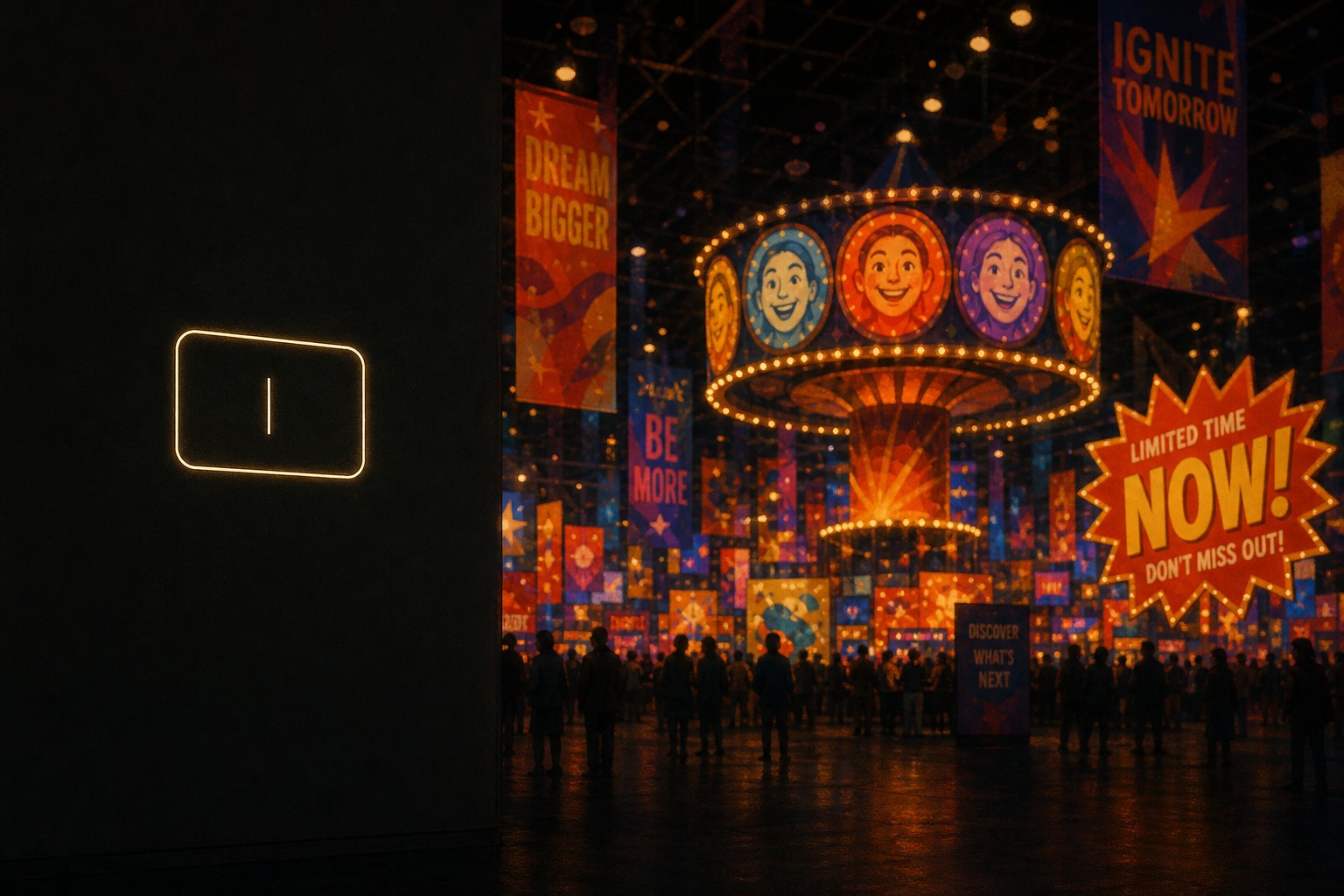 A dark exhibition hall: on the right, a blazing carousel of faces and shouting banners; on the left, in the quiet dark, a warm cream focus ring around a thin caret.