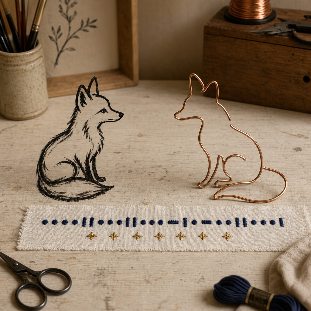 A warm workbench scene: on the left, an ink-brush drawing of a sitting fox; on the right, the same fox bent from a single copper wire, with a small deliberate gap where the wire ends almost meet at the chest. Below them lies a cream linen band embroidered with indigo morse dots and bars and a row of small gold stars. A spool of copper wire, scissors, and indigo thread rest nearby.