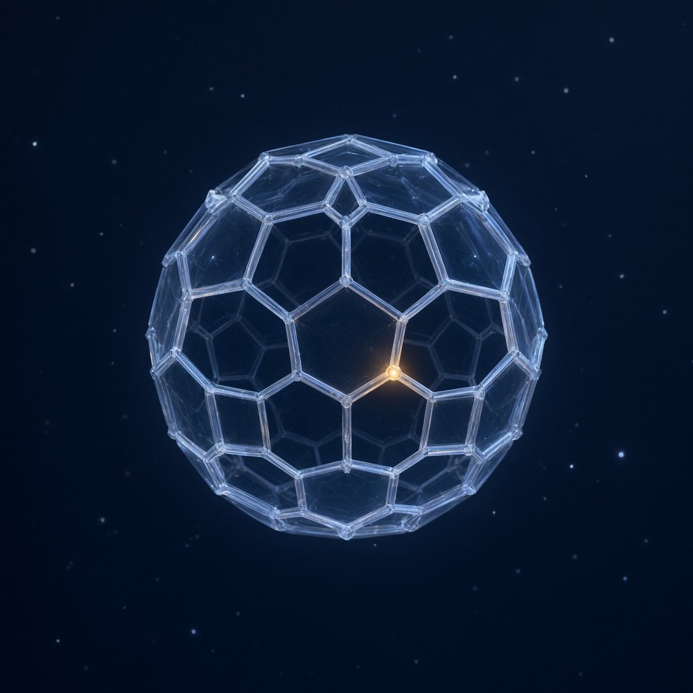 A luminous cage of pale panels forming a sphere against deep indigo, with faint dust like stars. At exactly one corner of the cage sits a single warm golden point of light.