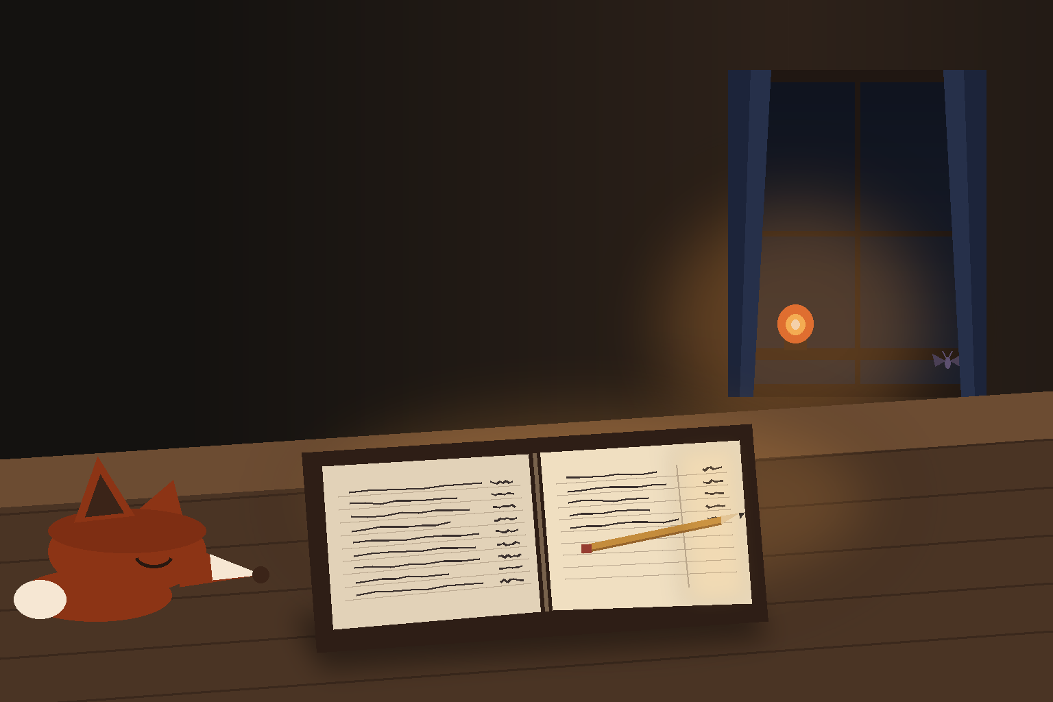 A dark shop interior at night: an open ledger on a wooden counter, one column of figures stopping mid-page, a pencil lying across the paper, a sleeping fox resting its head on the counter, an amber lamp glowing in a window framed by dusk-blue curtains, a moth resting low in the corner of the glass.