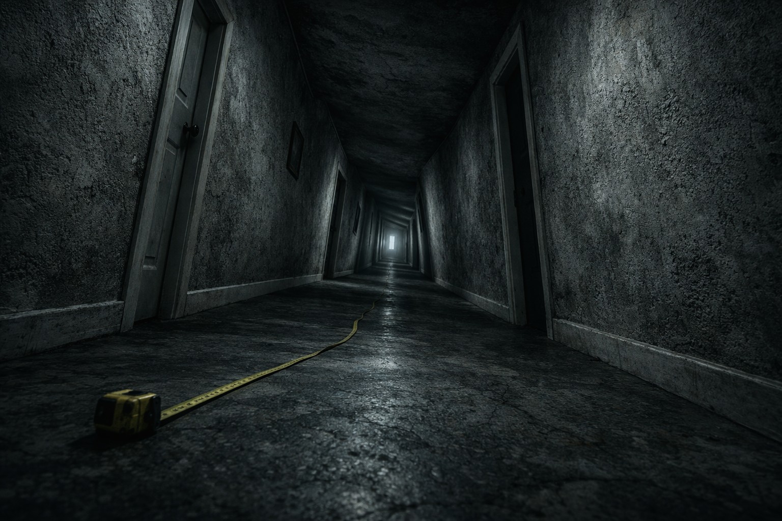 A long, dark hallway of rough gray walls recedes toward a small lit window; doors stand ajar on both sides, and a yellow tape measure lies unspooled across the floor, its tape running toward the vanishing point.
