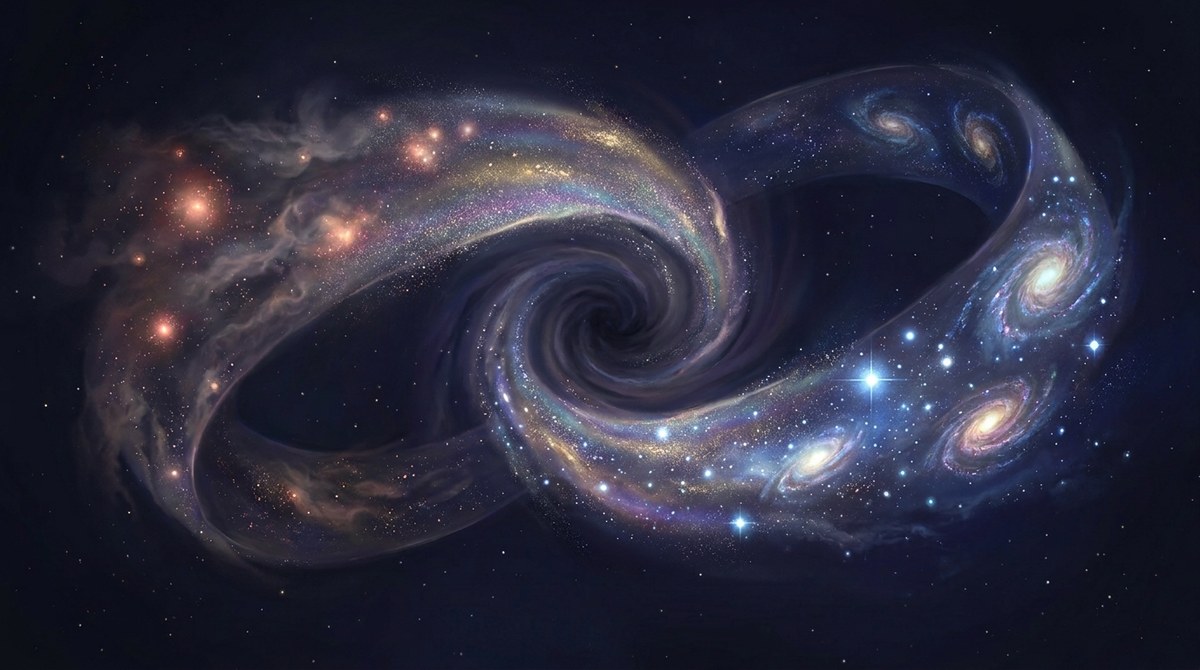 Two spiral galaxies joined into a single endless loop of stars and nebula dust against deep space, each swirl feeding into the other, warm orange stars glowing on one side and cool blue on the other.