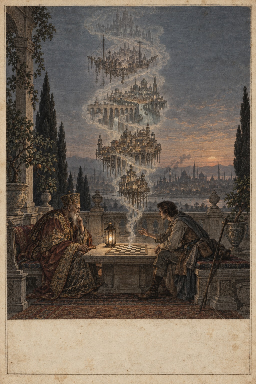 An aged hand-colored copperplate engraving in the manner of an eighteenth-century atlas of imaginary places: an emperor and a young traveler sit at a chessboard on a dusk terrace while a translucent column of fantastical cities - a city on stilts, an aqueduct city, canal domes, a rope-hung city - rises from a single empty square, each city fainter than the one below, the topmost dissolving into the sky. The real empire smokes on the horizon; one lantern gives the only warm light.