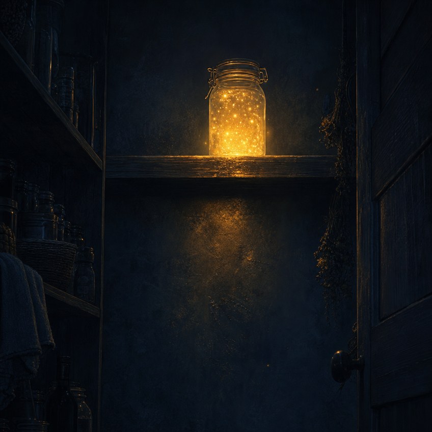 A dark pantry of deep indigo shadow. On the highest wooden shelf a single sealed glass jar glows a warm patient gold, casting soft light down the shelves below. At the right edge of the frame, a door stands slightly ajar.