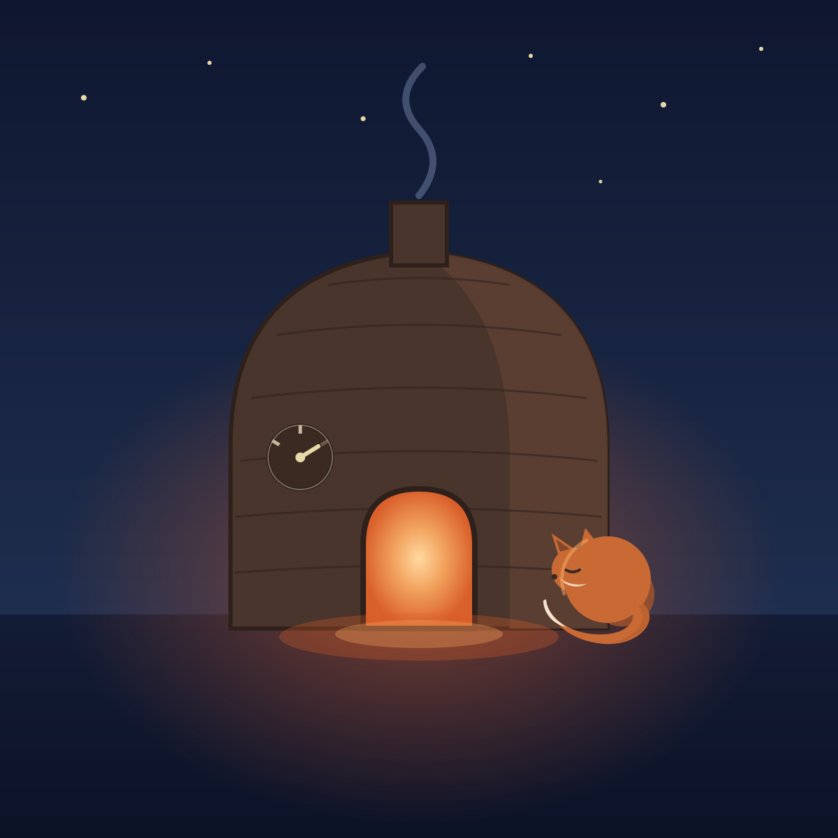 A beehive brick kiln at night under an indigo sky with seven small stars. The kiln's arched door glows warm orange, spilling light onto the ground. A small dial on the brick shows three marks, the needle resting on the faint third one. To the right of the door, an orange fox sleeps curled like a comma against the brick, its cream tail tip stopping just short of its chin.