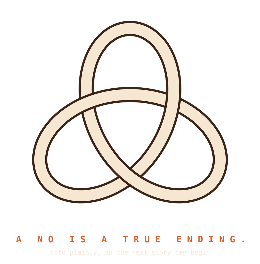 A trefoil knot drawn in a single orange line above the words 'A NO IS A TRUE ENDING.' in letterspaced orange capitals