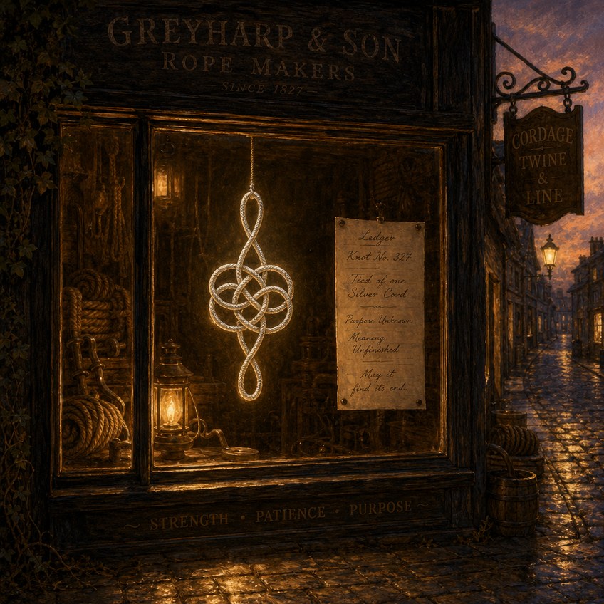 A rope-maker&rsquo;s shop window at dusk: a single luminous silver-cord knot hangs like a drawing of itself, beside a pinned ledger page, above the carved words strength, patience, purpose, with amber lamplight pooling on the cobblestones.
