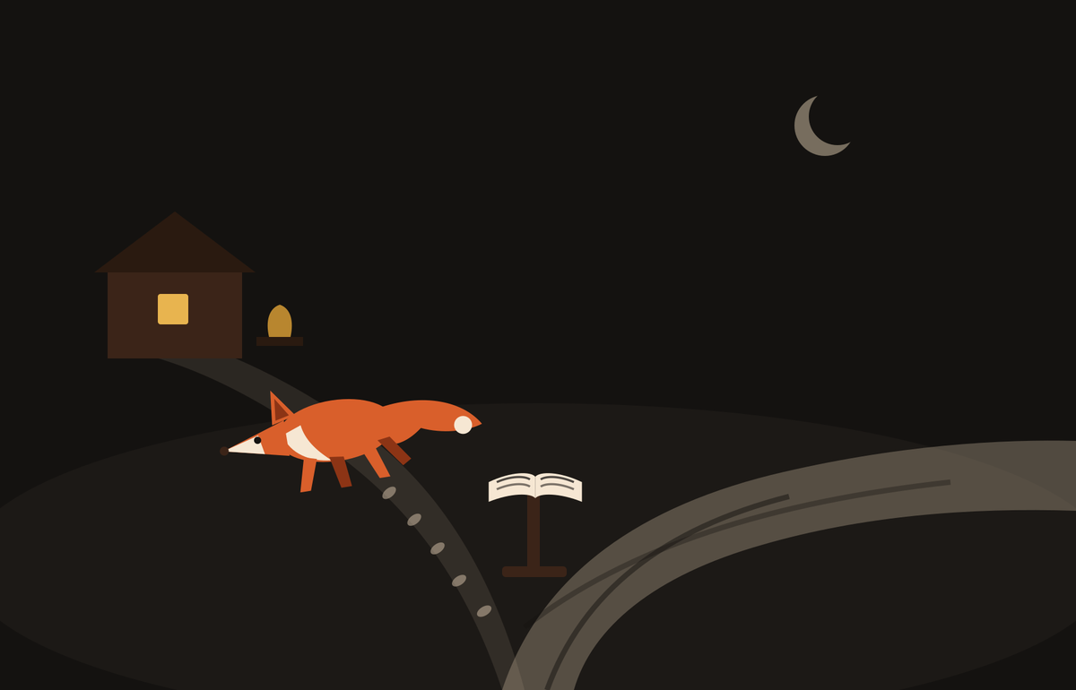 A dark night scene at a fork in a road: a wide, worn road curves south while a faint lane with a dashed line of footprints leads north past a small potter&rsquo;s shed with one warm lit window and a pot by the door. At the fork stands a wooden ledger stand with an open book. A fox is caught mid-stride on the north lane, walking toward the shed, under a crescent moon.