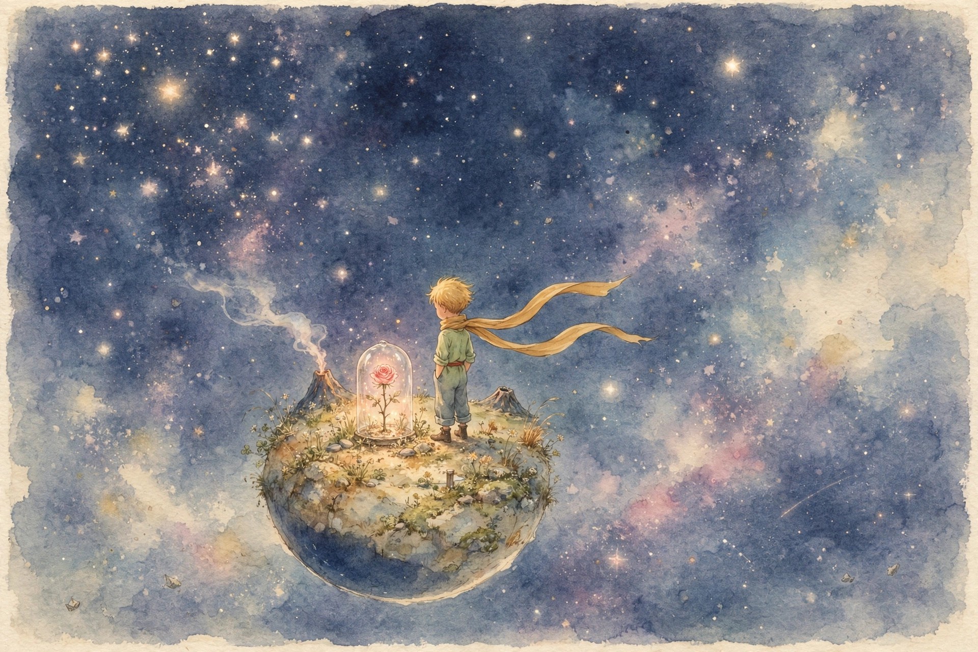 Watercolor illustration: a small golden-haired boy with a long flowing ochre scarf stands, back turned, on a tiny round planet beside a glowing rose under a glass dome; two small volcanoes, one gently smoking; a deep indigo night sky full of soft stars.