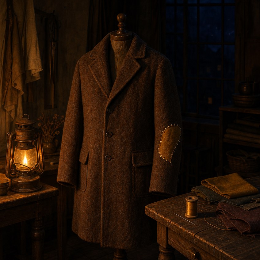 A chestnut-brown wool coat on a wooden stand in a tailor's workshop at night, lit by a warm lantern; the sleeve carries a honey-gold mended patch ringed with cream running stitches. Spools and fabric scraps wait on the table; the window behind is deep indigo.