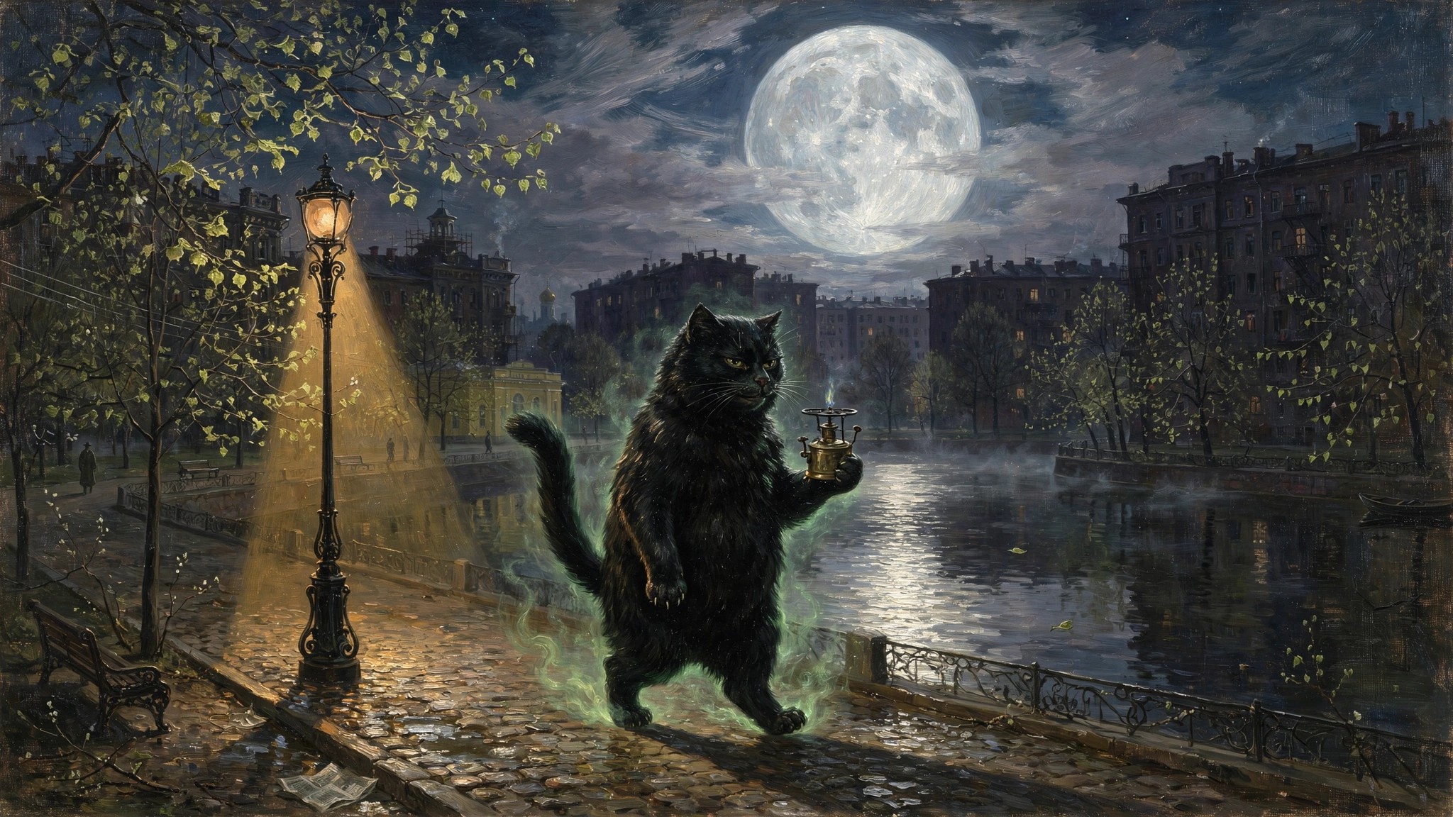 An enormous black cat walking upright along the moonlit embankment of Patriarch’s Ponds, holding a small brass primus stove in one paw, wrapped in a faint greenish glow, under a huge pale full moon, with an amber street lamp and dark apartment blocks behind