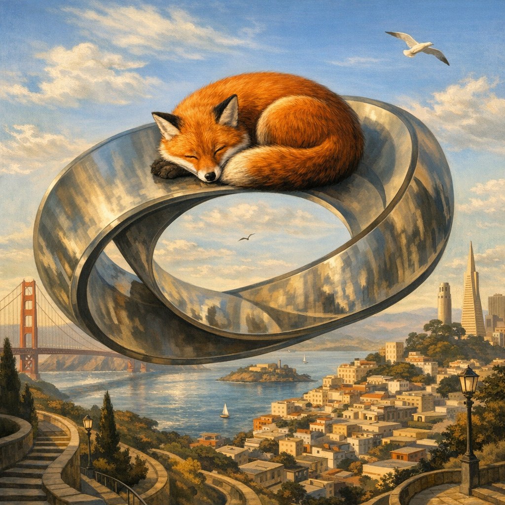 A painterly scene: an orange fox sleeps curled on a giant polished Moebius band that mirrors the clouds. The band floats above a sunlit bay city with white hillside houses, a red suspension bridge on the left, a tower on the right, and a seagull overhead.