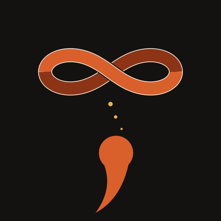 On a deep charcoal background, an orange fox sleeps curled in the shape of a comma. Above it floats a twisted Moebius band drawn as a ribbon, orange in front and rust-brown where it turns away. Three small golden dots rise between the fox and the band, like dream bubbles.